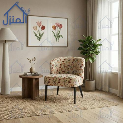 كرسي قماش بنقوش زهرية أنيقة وأرجل معدنية سوداء