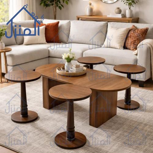 طقم طاولات قهوة مودرن خشب بتصميم عضوي للصالات