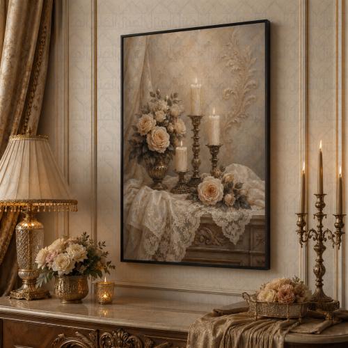 لوحة جدارية كلاسيكية بتصميم شموع وزهور فاخرة طباعة...