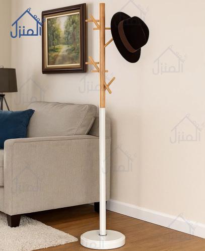 علاقة ملابس أرضية بيضاء بلمسة خشبية بتصميم شجري عص...