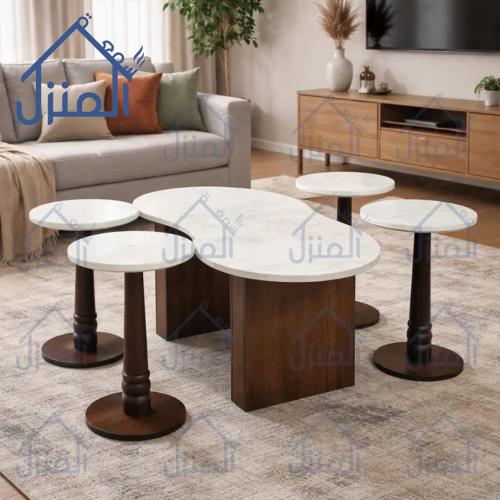 طقم طاولات قهوة مودرن فورميكا قواعد خشبية بتصميم ع...