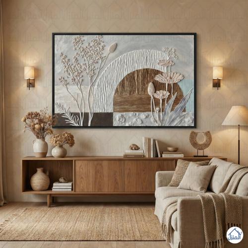 لوحة جدارية بتصميم نباتي تجريدي وأقواس هندسية أنيق...