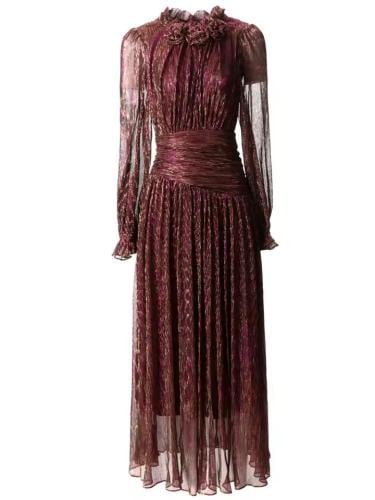 فستان أحمر طويل قماش فخم لامع وخصر بكسرات مميزة وأ...