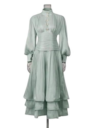 فستان تيفاني طويل مكسر بخصر ضيق وبكم طويل واسع وطب...