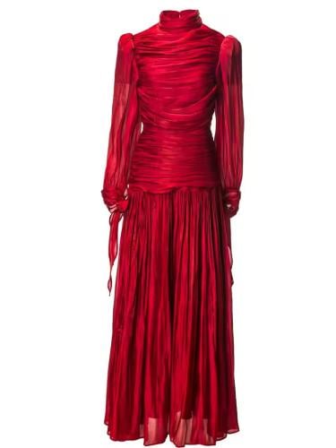 فستان أحمر طويل برقبة عالية من الشيفون الناعم مكسر...