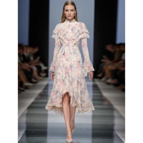 فستان أنثوي شيفون مورد متباين الطول بكم طويل أنيق