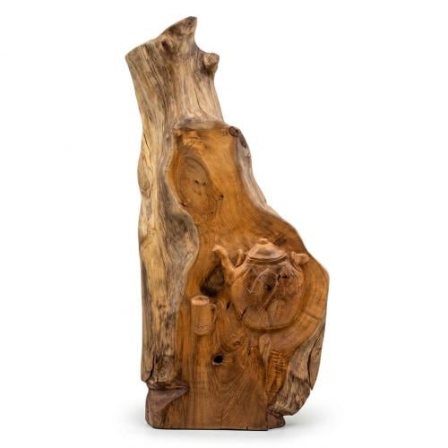 "The Magic of Hospitality" Sculpture – A hand-carved wall sculpture depicting a teapot made from natural teak wood.
