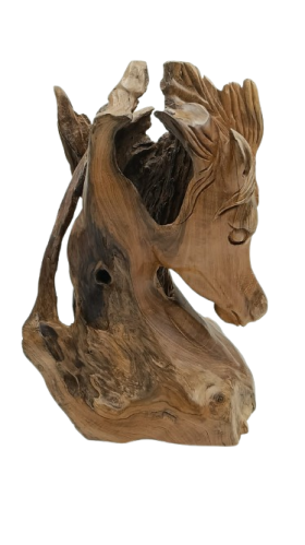 "Authentic Pride" sculptural model of a hollow horse's head made of raw natural wood