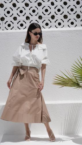Off Shoulders Top with Asymmetric Camel Color Skir...