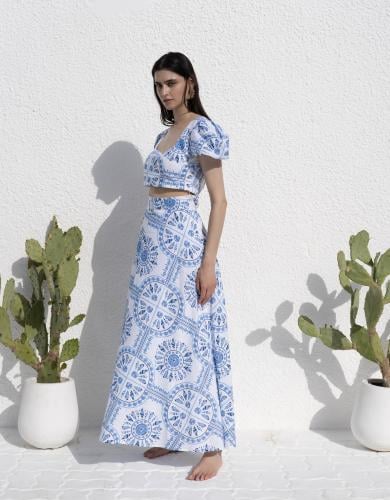 Blue&White Printed High-waisted Skirt with Cropped...