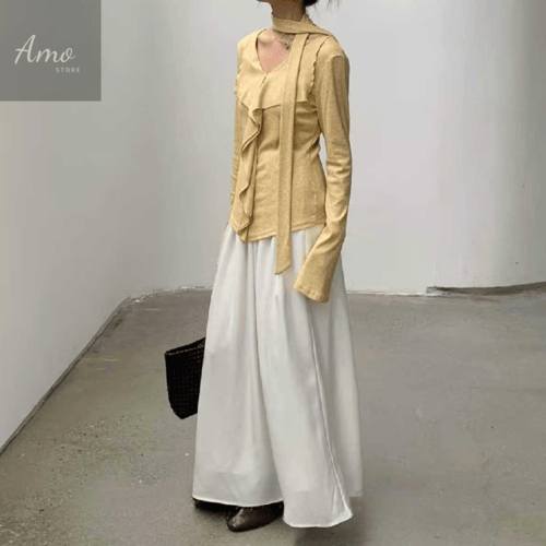 تنورة طويلة ماكسي لون أبيض خصر مرن قصة كوين خامة ن...