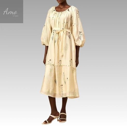 فستان ميدي خامة كتان مشجرة مزخرف ب حبات اللولوء ب...