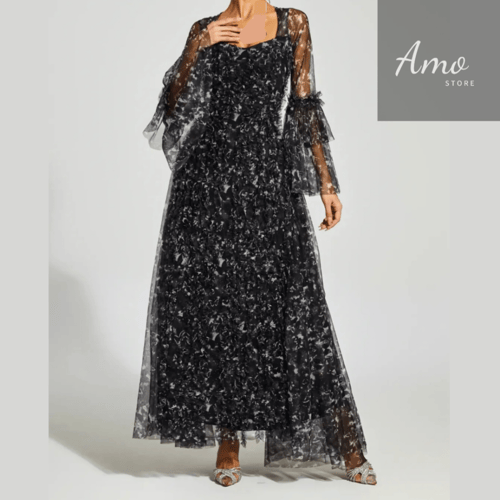 فستان ماكسي لون أسود مشجر تصميم كلاسيك يظهر جمالك...