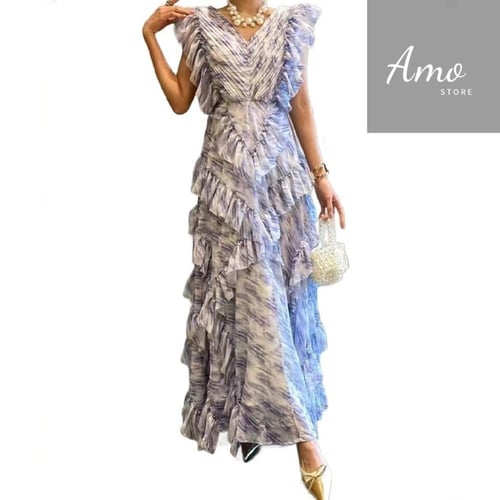 فستان ماكسي بشكل A كلاسيك أكمام حفر بزوائد لون بنف...