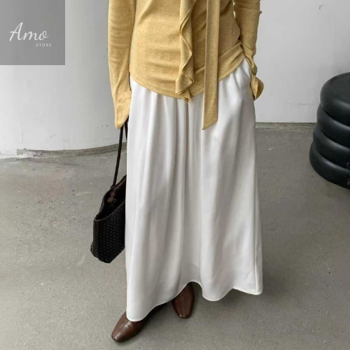 تنورة طويلة ماكسي لون أبيض خصر مرن قصة كوين خامة ن...