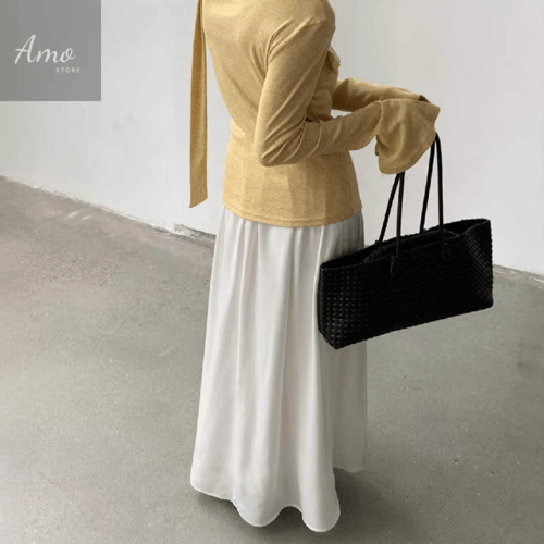 تنورة طويلة ماكسي لون أبيض خصر مرن قصة كوين خامة ن...