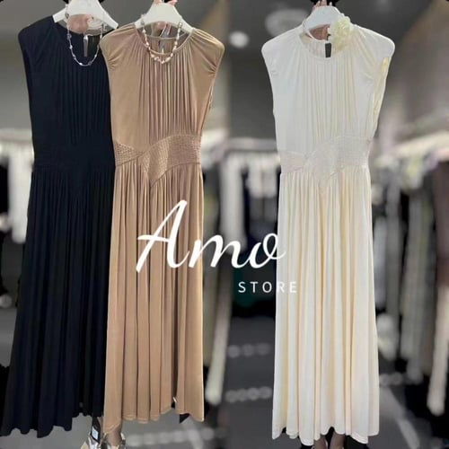 فستان طويل بخصر مرن مشغول بخياطه زم شكل انسيابي MA...