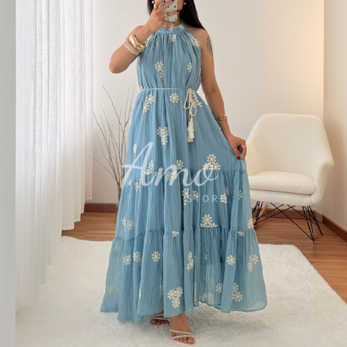 فستان ماكسي حياكة زهر بنمط متعدد الطبقات اوف شولدر...