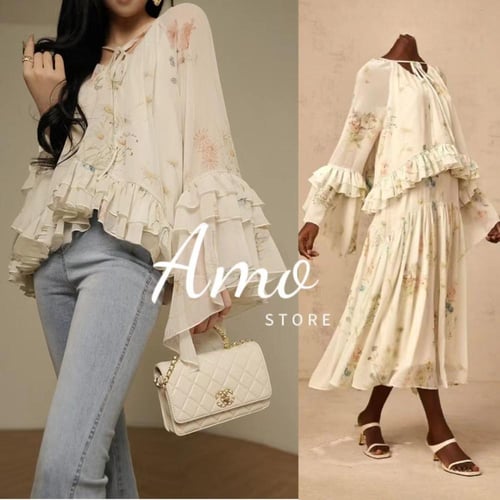 فستان لون سكري واسع مشجر كلاسيك قطعتين MADS59353#