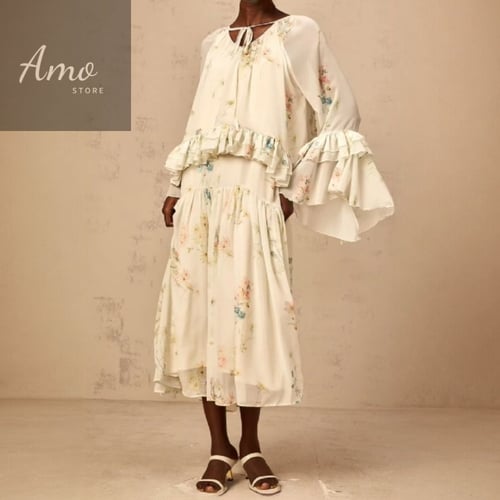 فستان لون سكري واسع مشجر كلاسيك قطعتين MADS59353#