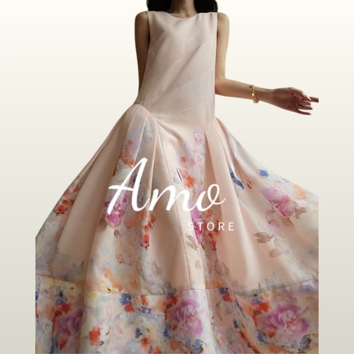 فستان ميدي بتصميم الزهور من الكتان بألوان محايدة M...