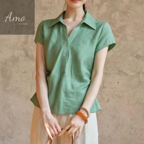 بلوزة ناعمة خامة لينين سادة نص كم بياقه زراير نص م...