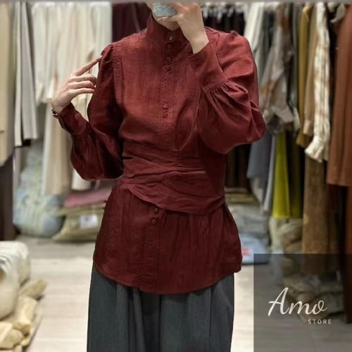 بلوزة لون احمر برغندي بزراير أمامية بكرافت MABL170...