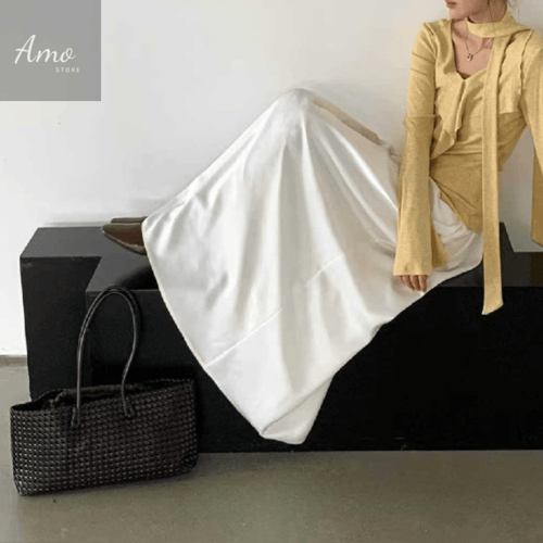 تنورة طويلة ماكسي لون أبيض خصر مرن قصة كوين خامة ن...