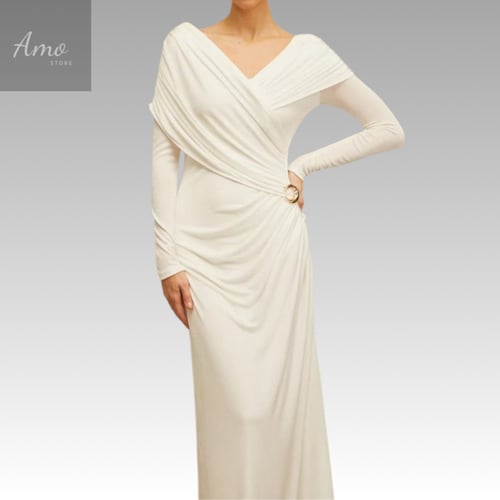 فستان ماكسي بأكمام طويلة بدرابي خامة مرونة عالية ب...