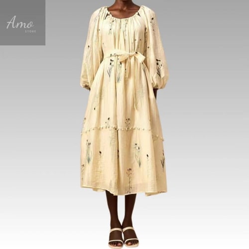 فستان ميدي خامة كتان مشجرة مزخرف ب حبات اللولوء ب...