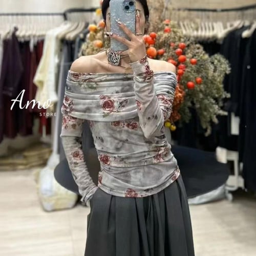 بلوزة أوف شولدر قماش تل مشجر أكمام طويلة أطلالة عص...