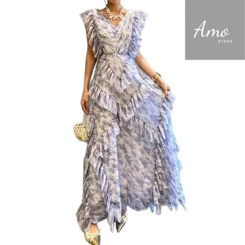 فستان ماكسي بشكل A كلاسيك أكمام حفر بزوائد لون بنف...