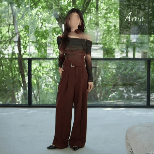 بنطلون طويل رسمي أنيق بحزام لون عنابي برغندي ترند...