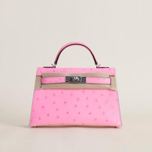 Kelly mini 19cm Ostrich leather, L4 Rose Bubblegum...