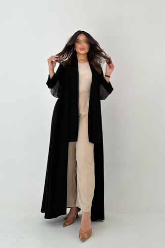 عباية كريب أسود فاحم اكمام جاكار ياباني