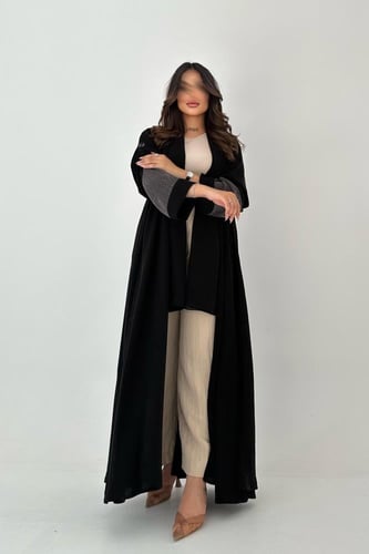 عباية كريب أسود فاحم اكمام جاكار ياباني