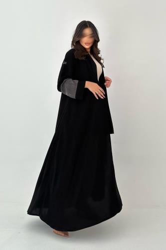 عباية كريب أسود فاحم اكمام جاكار ياباني
