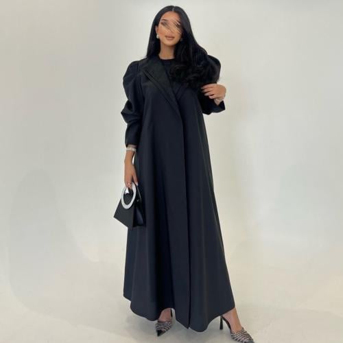 عباية بليزر أسود أكمام بوف درابيه -طرحة شيفون أسود