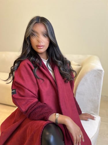 شامواه عنابي فاتح بقصة نص فراشة و اكمام فرو _ طرحة...