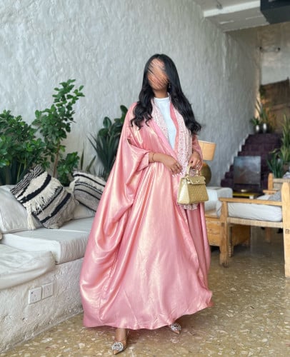 بشت حرير جولدن روز _ طرحة شيفون مشجر فاتح و غامق