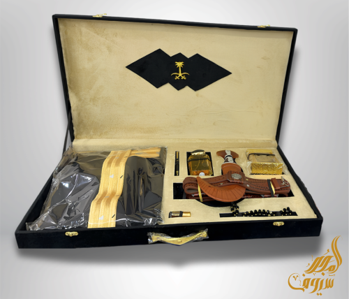 Royal gifts, Bux side bag, Mishlah, perfume, and a dedication phrase, arranged and organized in a luxurious way