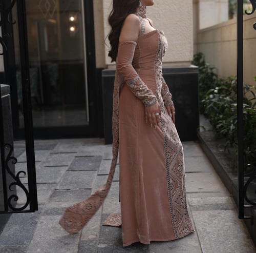 فستان بشكّ فاخر مع كاب خلفي طويل