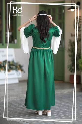 فستان اطفال طويل - اخضر وابيض