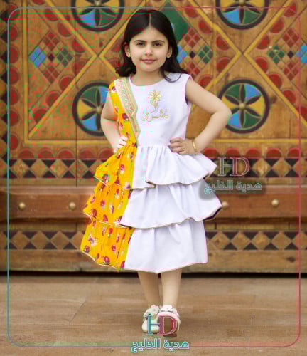 فستان شالكي برتقالي (فاتح)/ ابيض