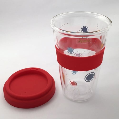 كوب زجاج مزدوج مع غطاء سعة 360 مل لون أحمر