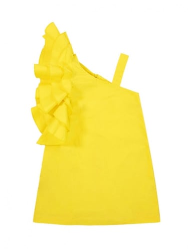 فستان اصفر بكتف مزين بالكرانيش