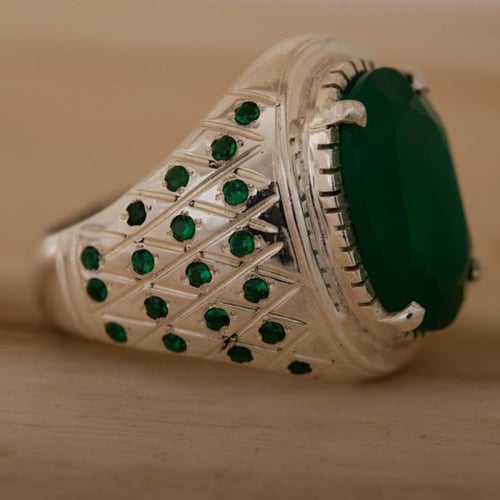 خاتم رجالي حجر الجاد الطبيعي واحجار الزركون