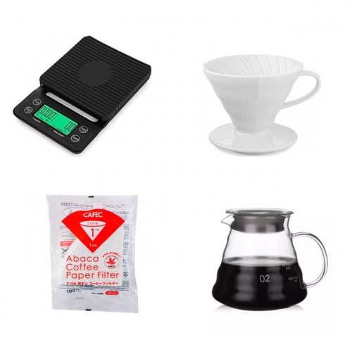 بكج القهوه المقطره مع قمع 02 وميزان وسيرفر وفلاتر...