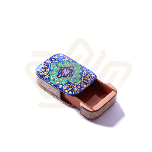 صندوق خشب نقش أصفهان يدوي ازرق 11.5 سم * 8 سم