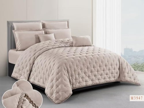 مفرش روزا مطرز لون بيج غامق 5 قطع صيفي مفرد ونصف